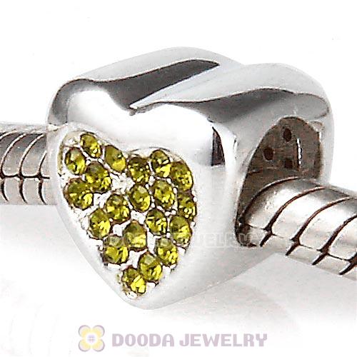 Sterling Silver Glitter Heart Beads with Olivine Austrian Crystal