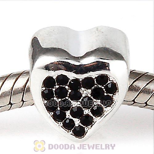 Sterling Silver Glitter Heart Beads with Jet Austrian Crystal