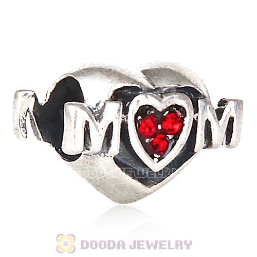 Sterling Silver European MOM Heart Bead with Light Siam Austrian Crystal