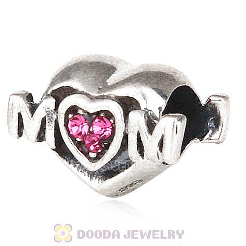 Sterling Silver European MOM Heart Bead with Rose Austrian Crystal