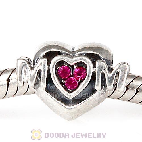 Sterling Silver European MOM Heart Bead with Fuchsia Austrian Crystal
