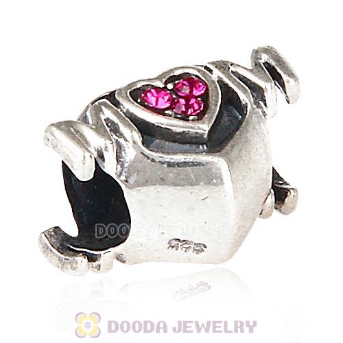Sterling Silver European MOM Heart Bead with Fuchsia Austrian Crystal