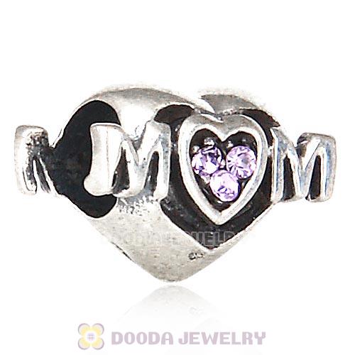 Sterling Silver European MOM Heart Bead with Violet Austrian Crystal