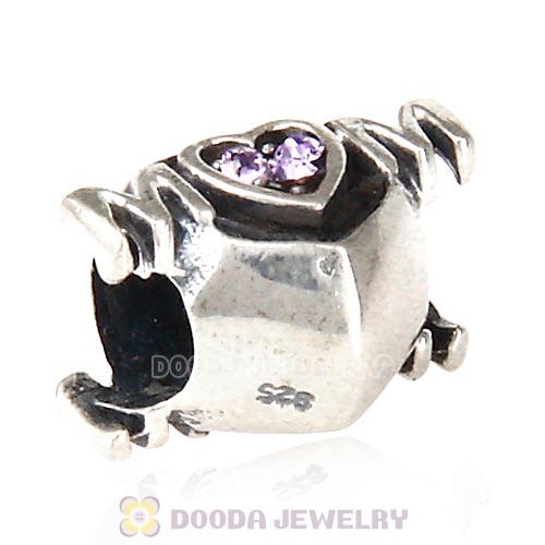 Sterling Silver European MOM Heart Bead with Violet Austrian Crystal