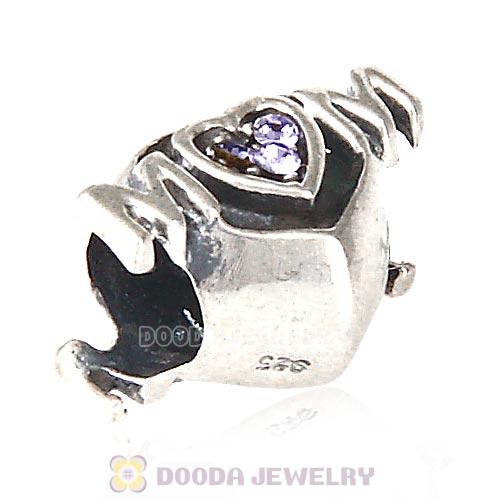 Sterling Silver European MOM Heart Bead with Tanzanite Austrian Crystal