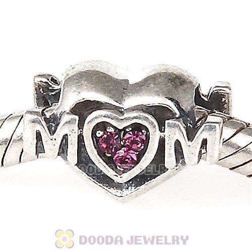 Sterling Silver European MOM Heart Bead with Amethyst Austrian Crystal