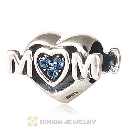 Sterling Silver European MOM Heart Bead with Montana Austrian Crystal