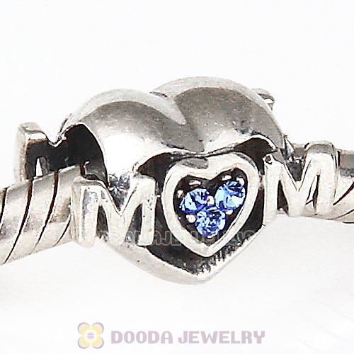 Sterling Silver European MOM Heart Bead with Sapphire Austrian Crystal