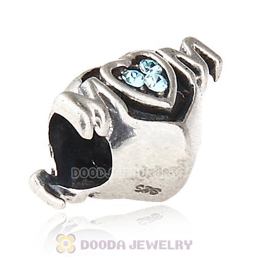 Sterling Silver European MOM Heart Bead with Aquamarine Austrian Crystal