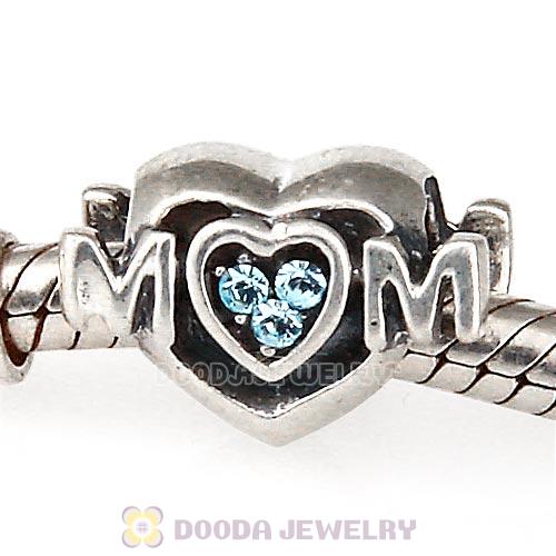 Sterling Silver European MOM Heart Bead with Aquamarine Austrian Crystal