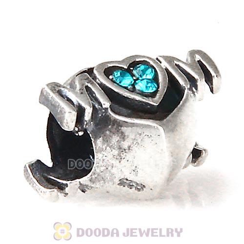 Sterling Silver European MOM Heart Bead with Blue Zircon Austrian Crystal