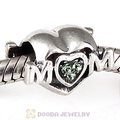 Sterling Silver European MOM Heart Bead with Peridot Austrian Crystal