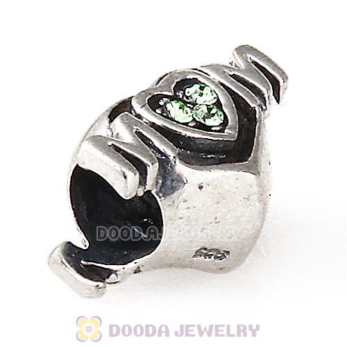 Sterling Silver European MOM Heart Bead with Peridot Austrian Crystal