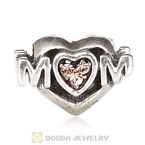 Sterling Silver European MOM Heart Bead with Light Peach Austrian Crystal