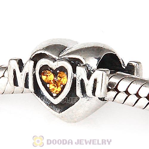 Sterling Silver European MOM Heart Bead with Topaz Austrian Crystal