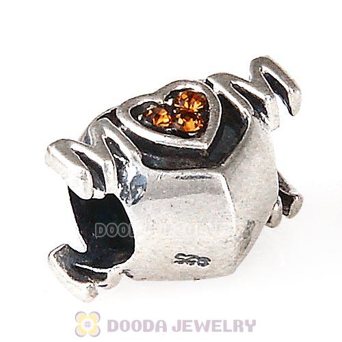 Sterling Silver European MOM Heart Bead with Smoked Topaz Austrian Crystal