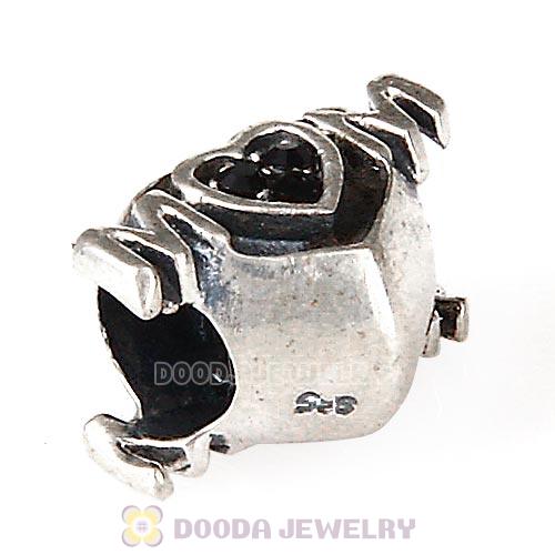 Sterling Silver European MOM Heart Bead with Jet Austrian Crystal