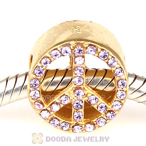 Gold Plated Sterling Silver Peace Button Beads with Violet Austrian Crystal