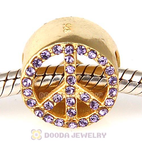 Gold Plated Sterling Silver Peace Button Beads with Tanzanite Austrian Crystal