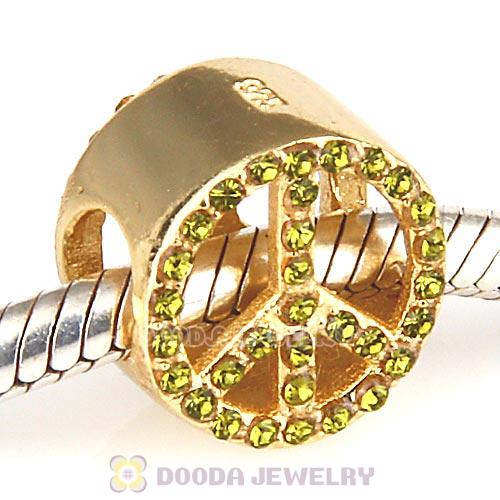 Gold Plated Sterling Silver Peace Button Beads with Olivine Austrian Crystal