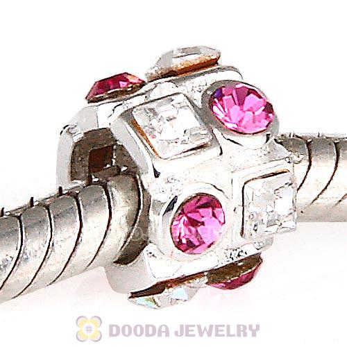 Sterling Silver Beads with Circle Rose Square Clear Austrian Crystal
