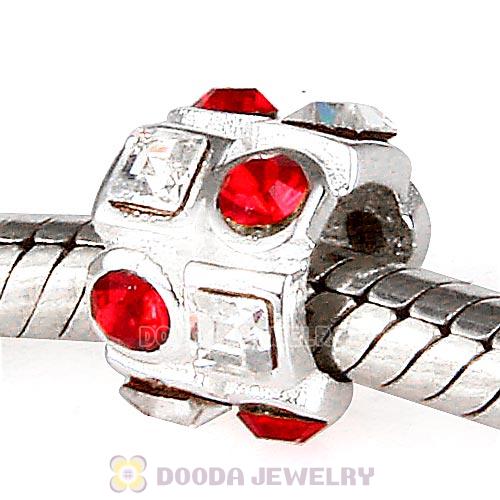 Sterling Silver Beads with Circle Light Siam Square Clear Austrian Crystal
