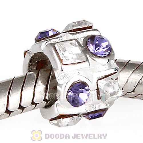 Sterling Silver Beads with Circle Tanzanite Square Clear Austrian Crystal