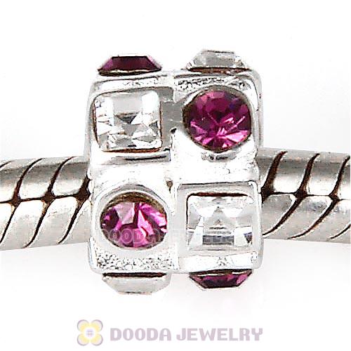 Sterling Silver Beads with Circle Amethyst Square Clear Austrian Crystal