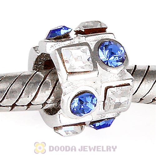 Sterling Silver Beads with Circle Sapphire Square Clear Austrian Crystal