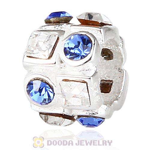 Sterling Silver Beads with Circle Sapphire Square Clear Austrian Crystal