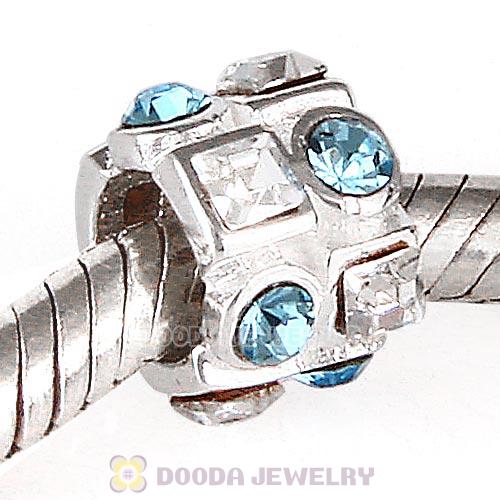 Sterling Silver Beads with Circle Aquamarine Square Clear Austrian Crystal
