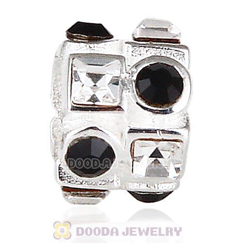 Sterling Silver Beads with Circle Jet Square Clear Austrian Crystal