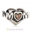 Sterling Silver European MOM Heart Bead with Light Colorado Topaz Austrian Crystal