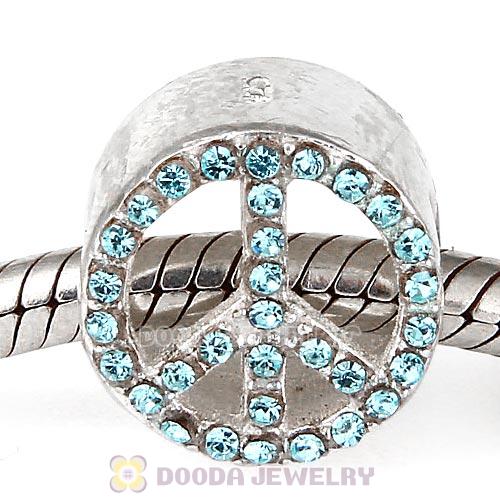 Sterling Silver Peace Button Beads with Aquamarine Austrian Crystal