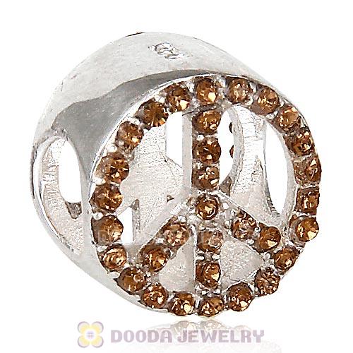 Sterling Silver Peace Button Beads with Smoked Topaz Austrian Crystal