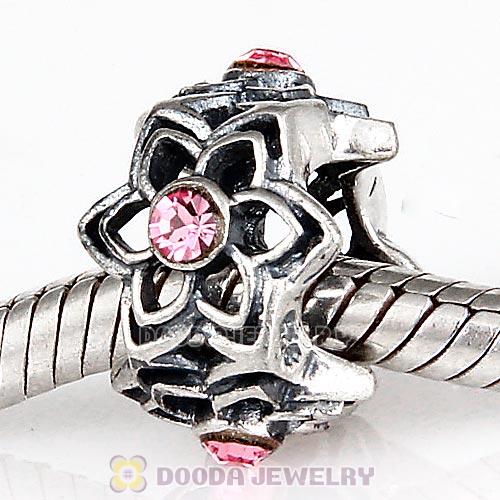 European Sterling Silver Dahlia Charm Beads with Light Rose Austrian Crystal