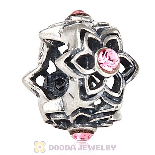 European Sterling Silver Dahlia Charm Beads with Light Rose Austrian Crystal