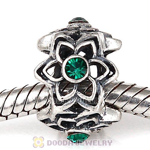 European Sterling Silver Dahlia Charm Beads with Emerald Austrian Crystal