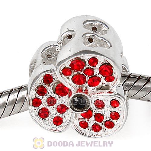 Sterling Silver Jeweled Poppy Beads with Red Austrian Crystal