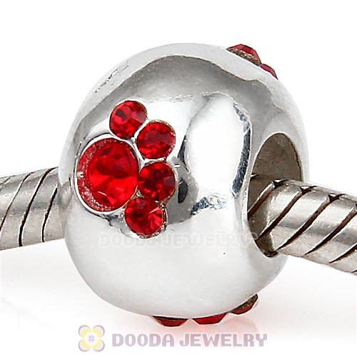 Sterling Silver Dog Paw Prints Beads With Light Siam Austrian Crystal 