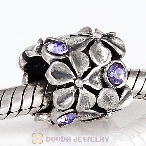 Sterling Silver Buttercup Flower European Beads with Tanzanite Austrian Crystal