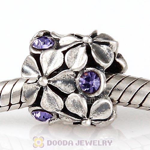 Sterling Silver Buttercup Flower European Beads with Tanzanite Austrian Crystal