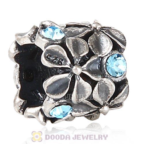 Sterling Silver Buttercup Flower European Beads with Aquamarine Austrian Crystal
