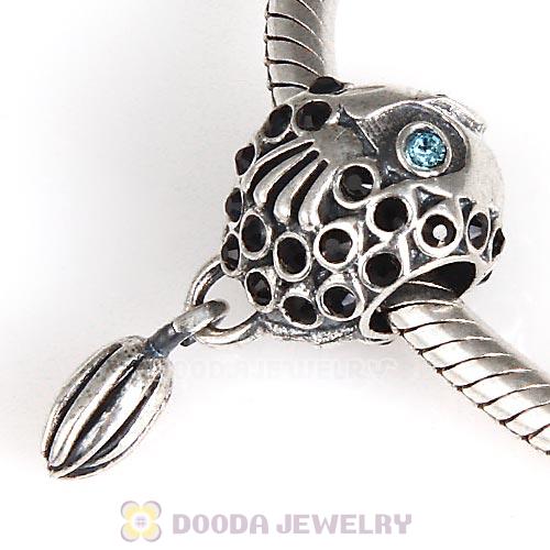 Sterling Silver Splish Splash Fish Charm with Jet Austrian Crystal