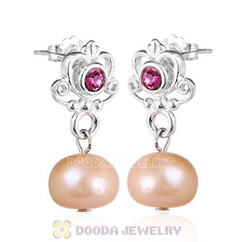 Sterling Silver My Sweet Princess with Rose Crystal Dangle Pearl Earrings