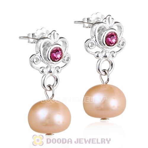Sterling Silver My Sweet Princess with Rose Crystal Dangle Pearl Earrings