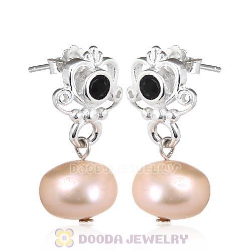 Sterling Silver My Sweet Princess with Jet Crystal Dangle Pearl Earrings