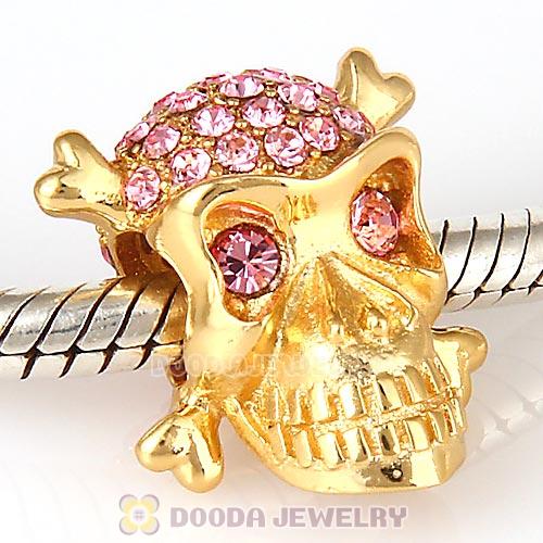 Sterling Silver Gold Plated Skull Beads with Light Rose Austrian Crystal