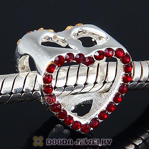 European Sterling Silver Heart Beads with Siam Austrian Crystal