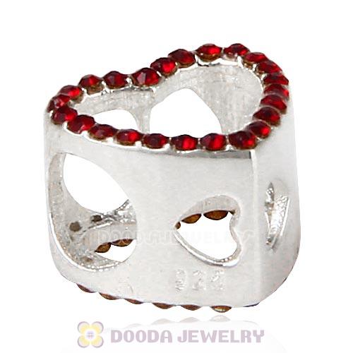 European Sterling Silver Heart Beads with Siam Austrian Crystal